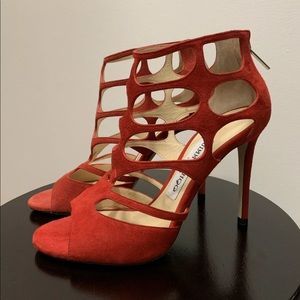 New Jimmy Choo Ren Red Leather Suede 100mm Cage Zipper Sandal Heels Size 36